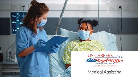 A young medical assistant writing patient information down from a young girl.